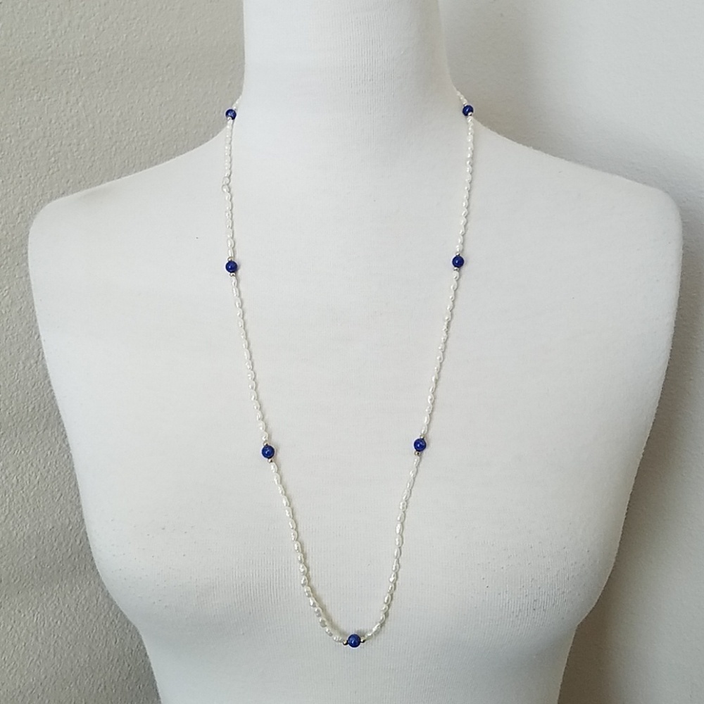 White Seed Pearl & Blue Bead Necklace